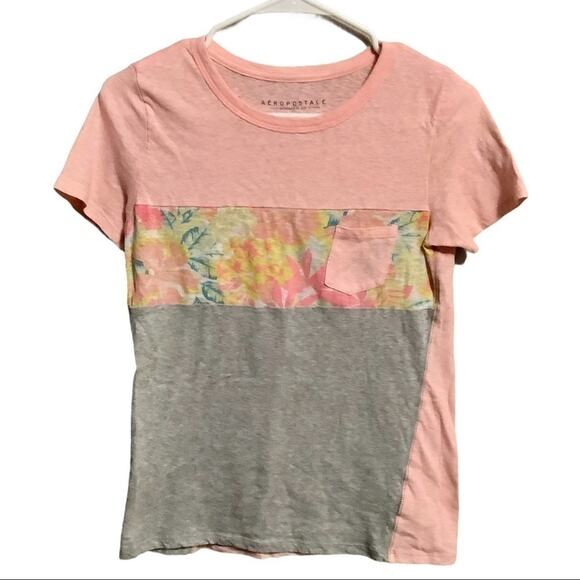 AEROPOSTALE Tropical Floral Color-Block Pink Gray Shirt Size Small - Picture 1 of 7